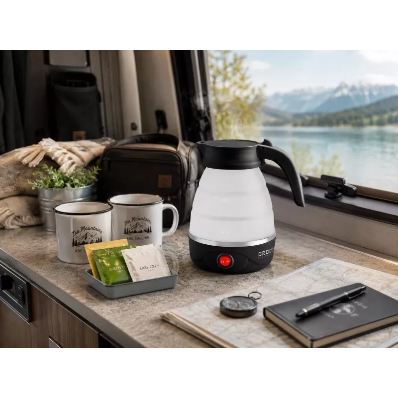 Brock WK 0904 BK Chaleira de viagem dobrável 0,5L 500W, preto/branco