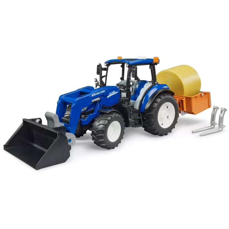 Trator BRUDER New Holland T5.120 com carregador frontal, caixa de carga e garfos 1:16