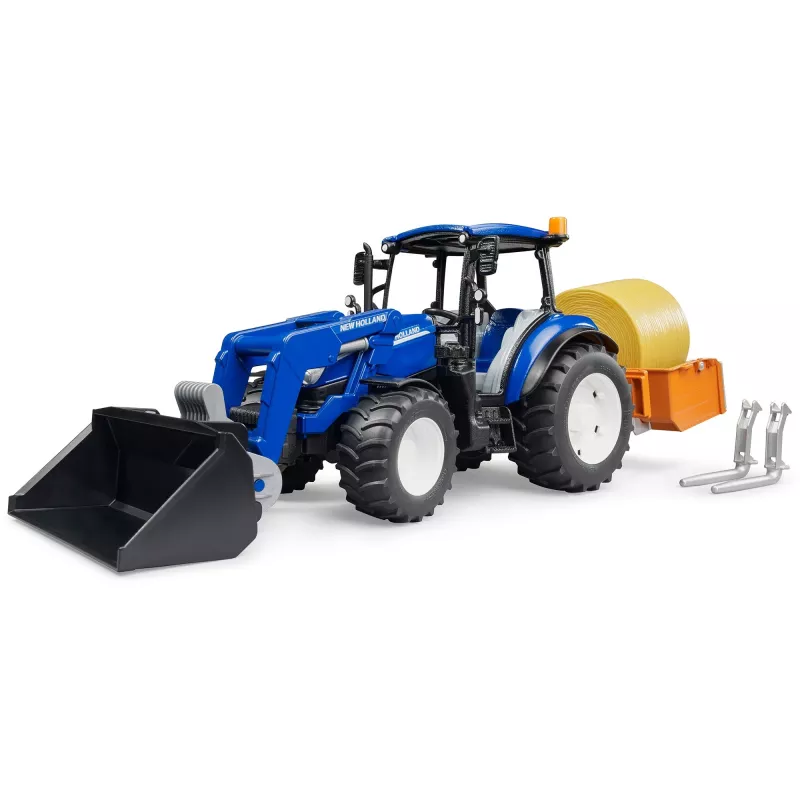Trator BRUDER New Holland T5.120 com carregador frontal, caixa de carga e garfos 1:16