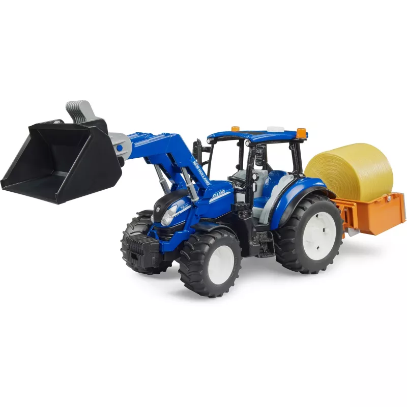 Trator BRUDER New Holland T5.120 com carregador frontal, caixa de carga e garfos 1:16