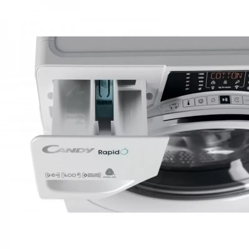 Máquina de lavar e secar roupa independente Candy ROW4966DWMCT/1-S, 9 kg de lavagem, 6 kg de secagem, 1400 rpm, branco com porta cromada