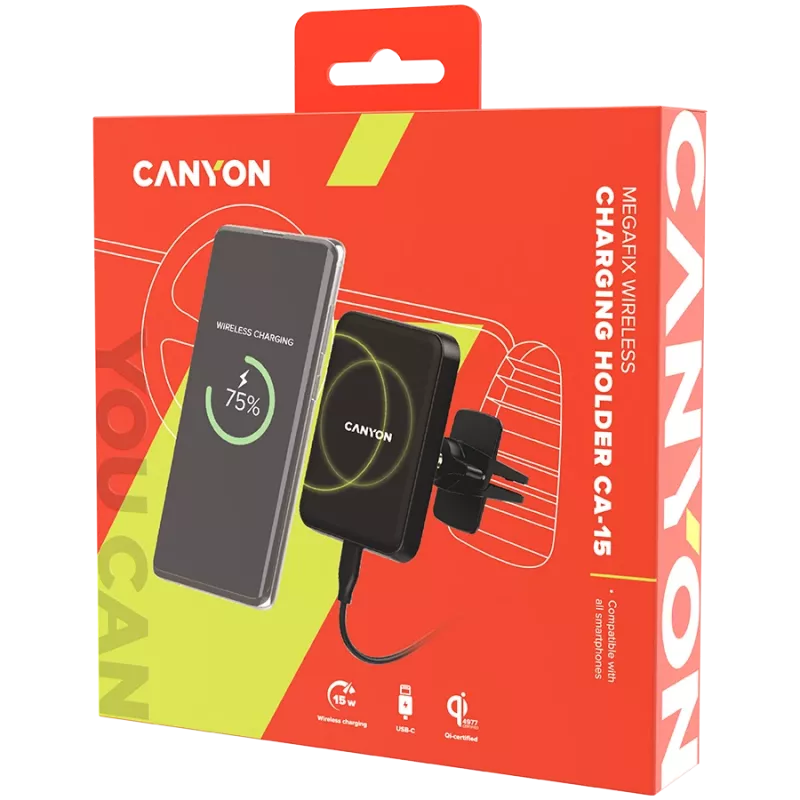 CANYON CH-15 suporte para carro e carregador sem fios MegaFix, 15W, USB-C, preto