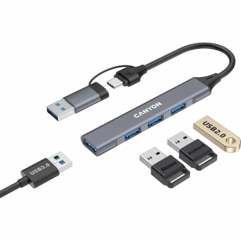 Hub USB-A/C 4-em-1 CANYON DS-02, cinzento