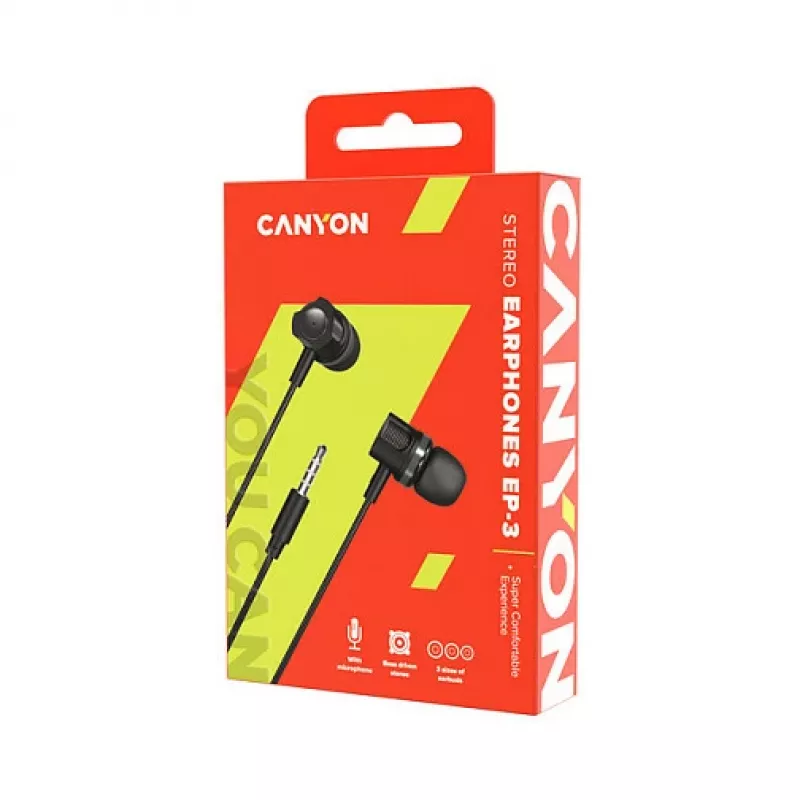 Headset in-ear CANYON EP-3 com microfone, cabo plano de 1,2 m, cinzento-escuro