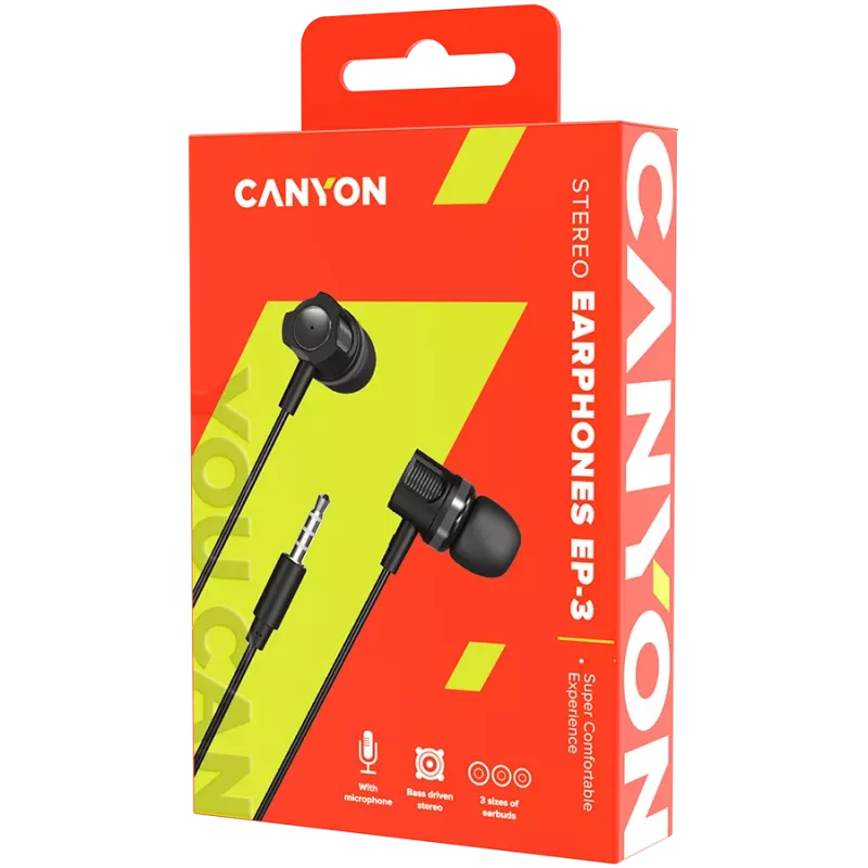 Headset in-ear CANYON EP-3 com microfone, cabo plano de 1,2 m, cinzento-escuro