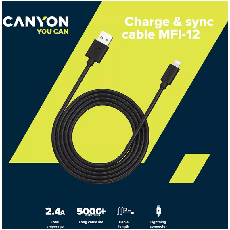 Cabo USB-A para Lightning CANYON MFI-12 2m branco