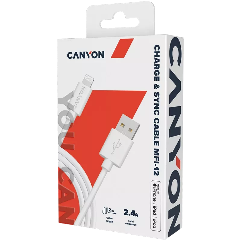 Cabo USB-A para Lightning CANYON MFI-12 2m branco