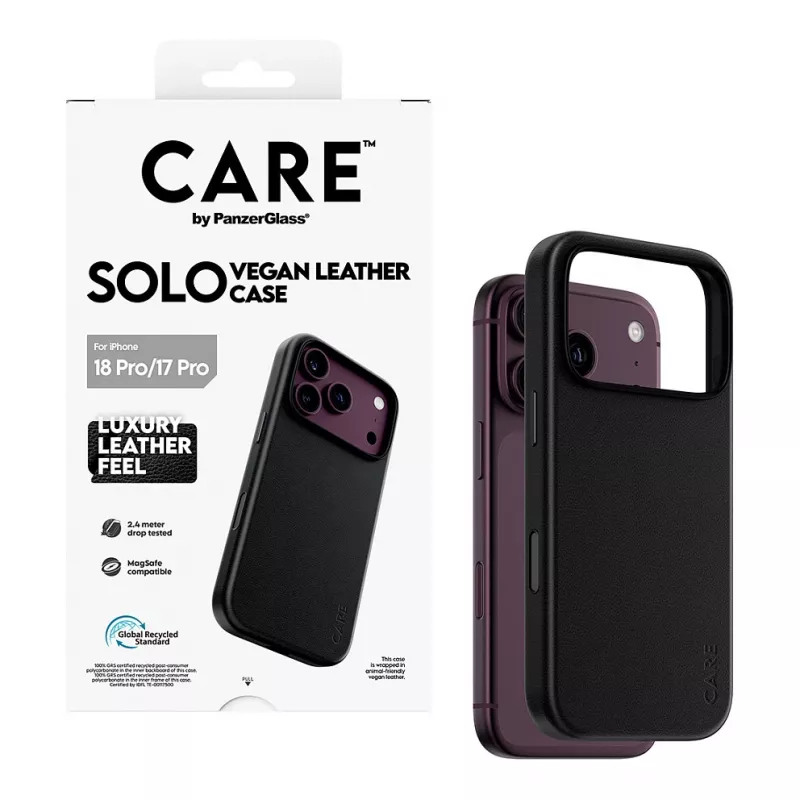CARE by PanzerGlass Solo capa de pele vegana preta com MagSafe para iPhone 17 Pro