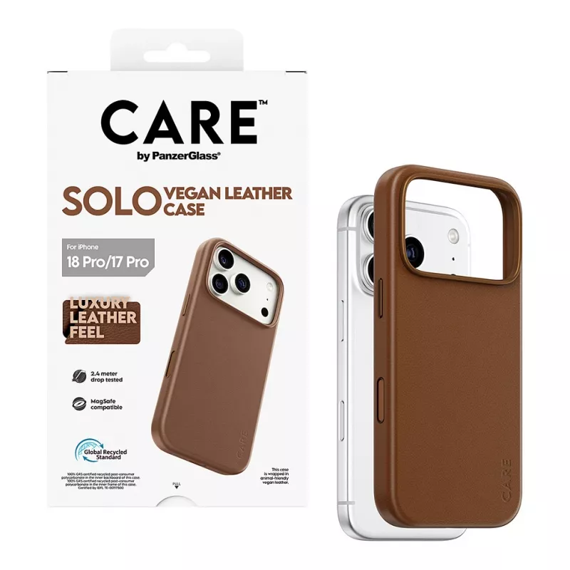CARE by PanzerGlass Solo capa de pele vegana castanha com MagSafe para iPhone 17 Pro