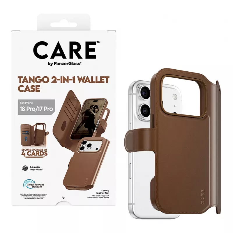 CARE by PanzerGlass Tango carteira 2 em 1 castanha com MagSafe para iPhone 17 Pro