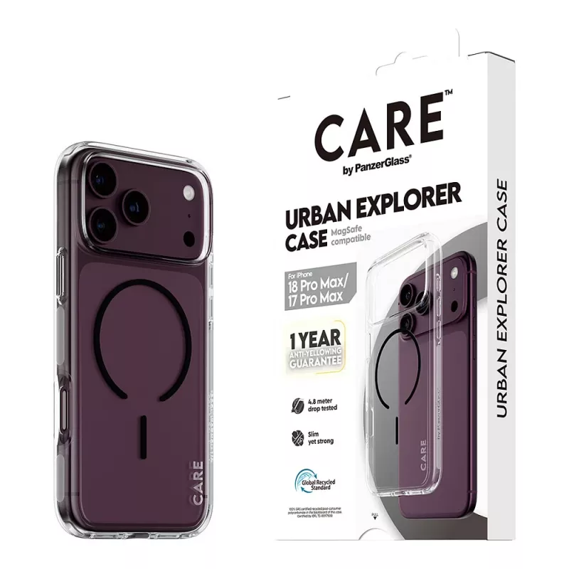 CARE by PanzerGlass Urban Explorer capa transparente com MagSafe preto para iPhone 17 Pro Max