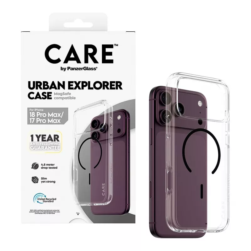 CARE by PanzerGlass Urban Explorer capa transparente com MagSafe preto para iPhone 17 Pro Max