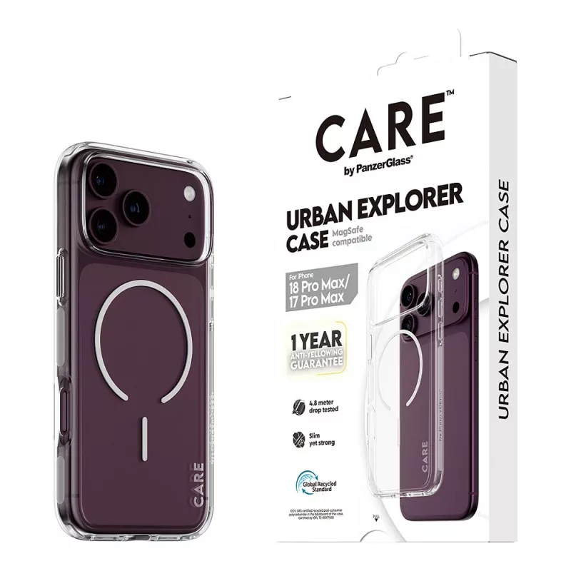 CARE by PanzerGlass Urban Explorer capa transparente com MagSafe branco para iPhone 17 Pro Max