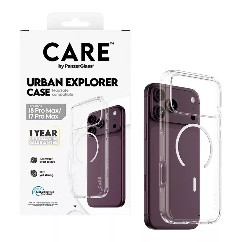 CARE by PanzerGlass Urban Explorer capa transparente com MagSafe branco para iPhone 17 Pro Max
