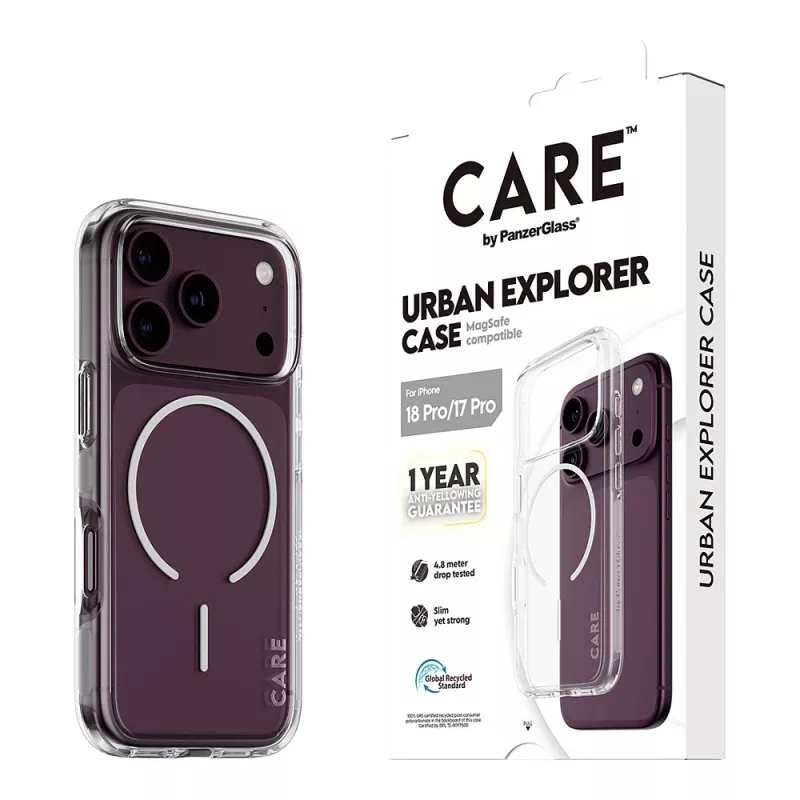 CARE by PanzerGlass Urban Explorer capa transparente com anel MagSafe branco para iPhone 17 Pro
