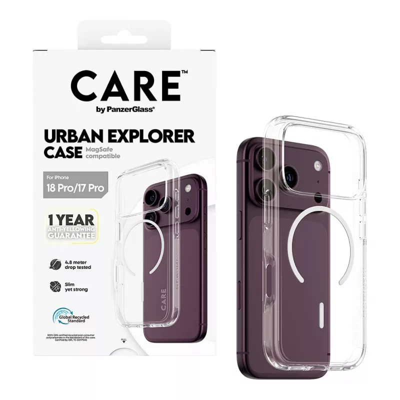 CARE by PanzerGlass Urban Explorer capa transparente com anel MagSafe branco para iPhone 17 Pro