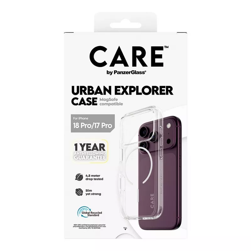 CARE by PanzerGlass Urban Explorer capa transparente com anel MagSafe branco para iPhone 17 Pro
