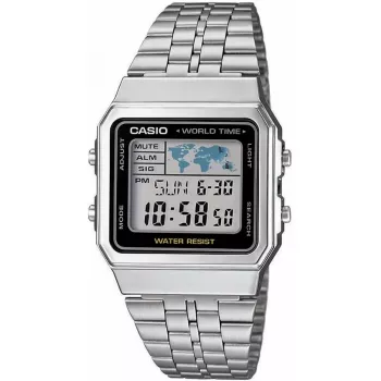 Relógio de pulso digital de quartzo Casio A500WA-1DF Classic – bracelete de aço inoxidável prateada, retroiluminação LED, hora mundial