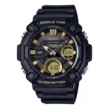Relógio de homem CASIO AEQ-120W-9A analógico-digital, 53,3 mm, caixa de resina preta, bracelete de resina preta, detalhes dourados