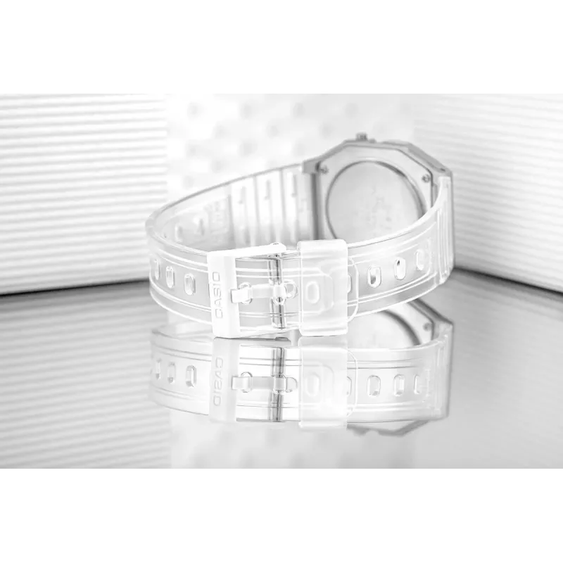 Relógio digital Casio F-91WS-7DF – caixa de resina branca transparente, unissexo, quartzo, retroiluminação LED, resistente à água até 3 ATM
