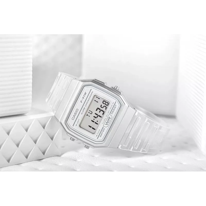 Relógio digital Casio F-91WS-7DF – caixa de resina branca transparente, unissexo, quartzo, retroiluminação LED, resistente à água até 3 ATM
