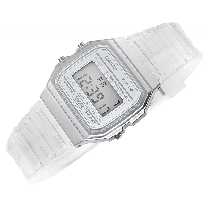 Relógio digital Casio F-91WS-7DF – caixa de resina branca transparente, unissexo, quartzo, retroiluminação LED, resistente à água até 3 ATM