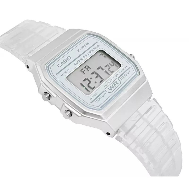 Relógio digital Casio F-91WS-7DF – caixa de resina branca transparente, unissexo, quartzo, retroiluminação LED, resistente à água até 3 ATM