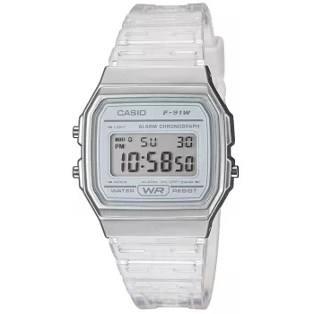 Relógio digital Casio F-91WS-7DF – caixa de resina branca transparente, unissexo, quartzo, retroiluminação LED, resistente à água até 3 ATM