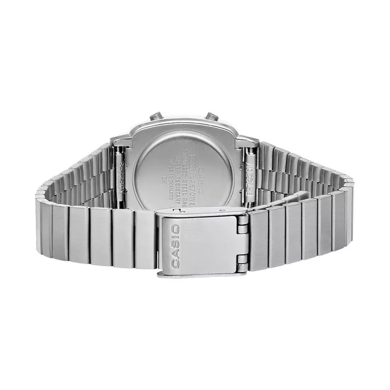 Relógio digital de mulher CASIO LA670WES-4AEF - mostrador rosa-ouro, caixa e bracelete prateadas, 24 mm