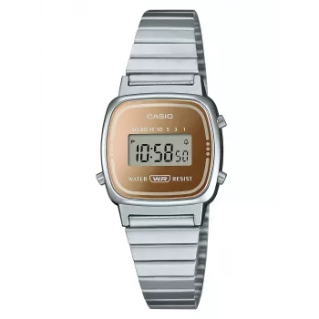Relógio digital de mulher CASIO LA670WES-4AEF - mostrador rosa-ouro, caixa e bracelete prateadas, 24 mm