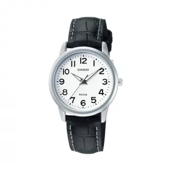 Relógio analógico unissexo CASIO LTP1303PL7BVE - caixa em aço inoxidável, bracelete em pele preta, resistência à água 50 m