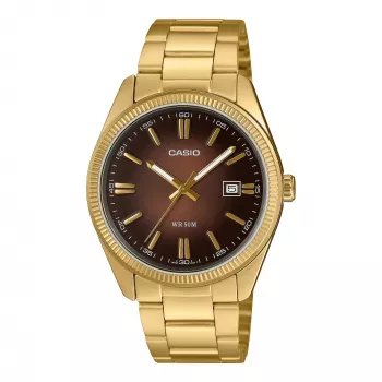 Relógio analógico Casio para homem MTP1302PGC5AV aço inoxidável com mostrador castanho e tom de ouro rosa