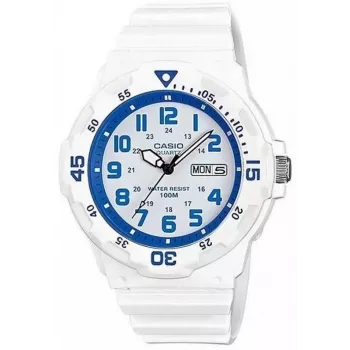 Relógio de homem CASIO MRW200HC7B2VD quartzo analógico com indicação de data e dia da semana, 100 m de resistência à água, bracelete de resina, mostrador branco, luneta azul/vermelha