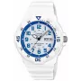 Relógio de homem CASIO MRW200HC7B2VD quartzo analógico com indicação de data e dia da semana, 100 m de resistência à água, bracelete de resina, mostrador branco, luneta azul/vermelha