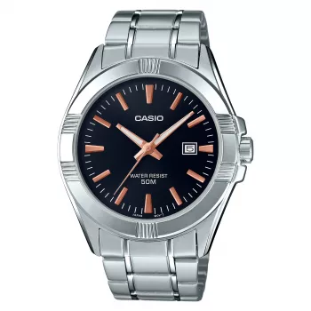 CASIO MTP-1308D-1A2 relógio analógico de quartzo para homem, 48,9 mm, mostrador preto, bracelete de aço inoxidável prateada