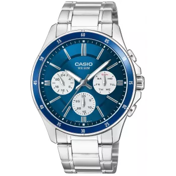 Casio MTP-1374D-2A3 relógio de homem analógico de quartzo com bracelete de aço inoxidável, mostrador azul, indicação de dia e data, 50m resistência à água
