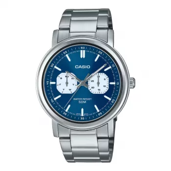 Relógio de homem CASIO MTP-E335D-2E1VD analógico de quartzo, mostrador azul, bracelete de aço inoxidável, 47,6 mm