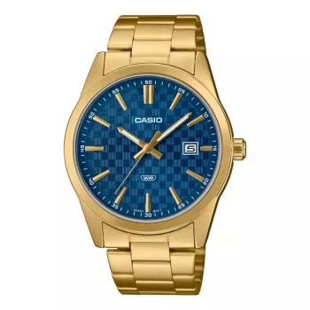 Relógio de quartzo analógico de homem CASIO MTPVD03G2AUDF, caixa de aço inoxidável de 45 mm, mostrador azul, bracelete dourada, resistência à água de 50 m