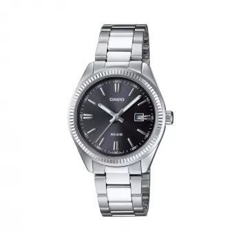 Relógio de quartzo analógico para mulher CASIO LTP1302PD1A1V, aço inoxidável prateado, mostrador preto, resistência à água 50 m