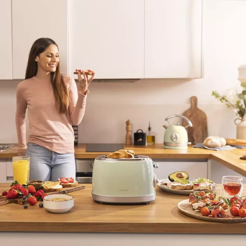 Cecotec Torradeira Toast&Taste 800 Vintage 850 W 2 ranhuras Aço inoxidável Verde-claro