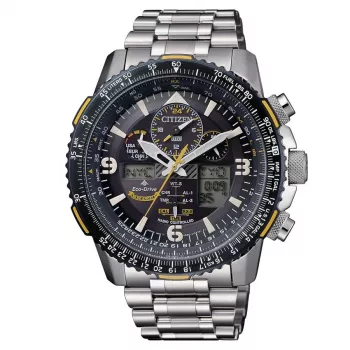 Relógio de pulso radiofónico Citizen JY8078-52L Eco-Drive 45mm aço inoxidável mostrador azul
