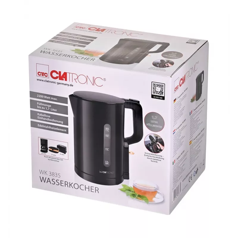 Clatronic WK 3835 Chaleira sem fios 1,7 l 2200 W preto plástico