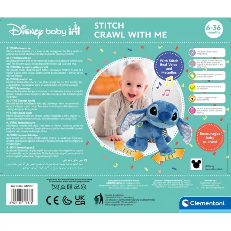 Peluche Clementoni Disney Baby Stitch We Crawl Together, azul, 25 cm, desde o nascimento