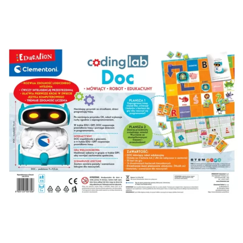 Clementoni DOC Robô Educativo para Crianças, Língua Polaca, a partir dos 5 Anos, Brinquedo de Programação STEM