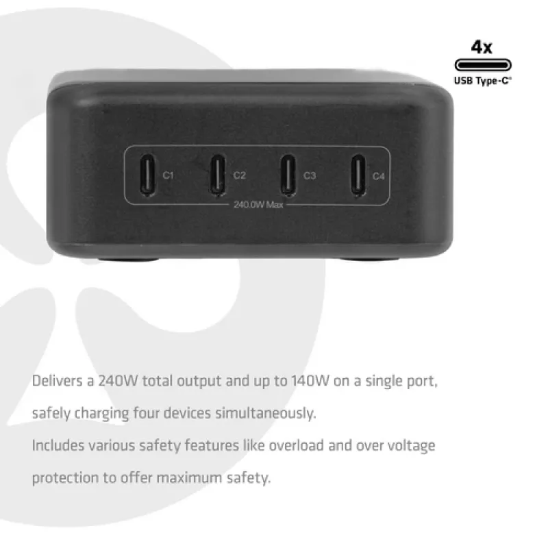 CLUB 3D CAC-1933 Estação de carregamento USB-C de 4 portas, 240W GaN PD 3.1, PPS, ecrã LED