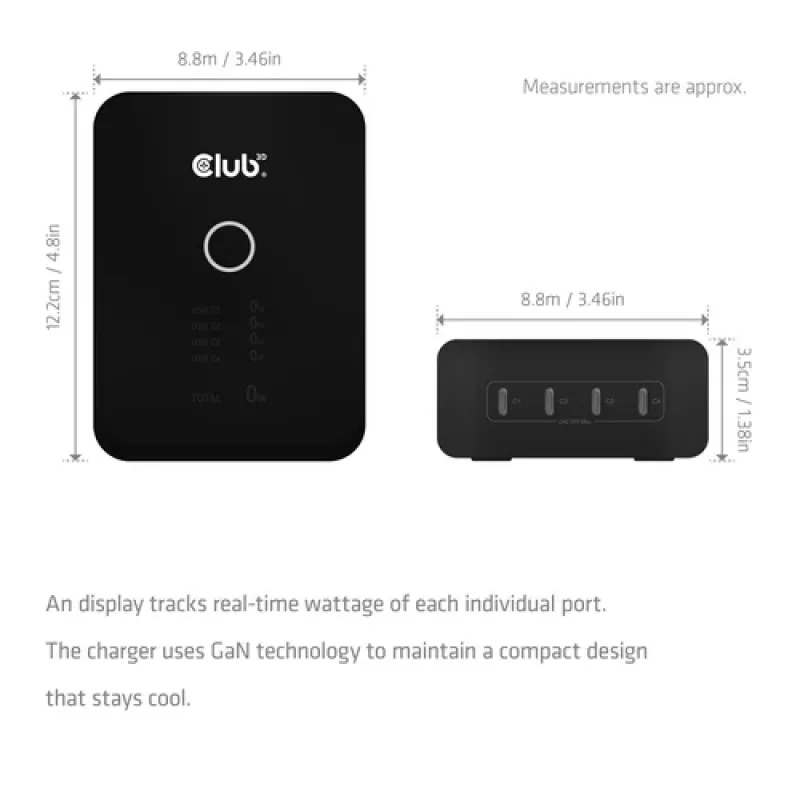CLUB 3D CAC-1933 Estação de carregamento USB-C de 4 portas, 240W GaN PD 3.1, PPS, ecrã LED