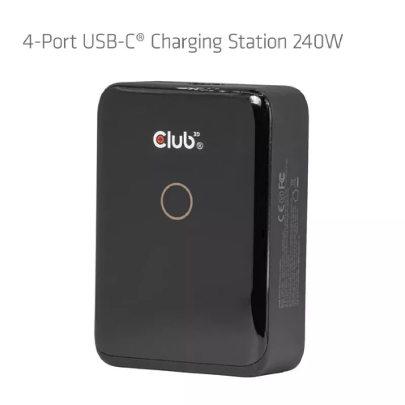 CLUB 3D CAC-1933 Estação de carregamento USB-C de 4 portas, 240W GaN PD 3.1, PPS, ecrã LED
