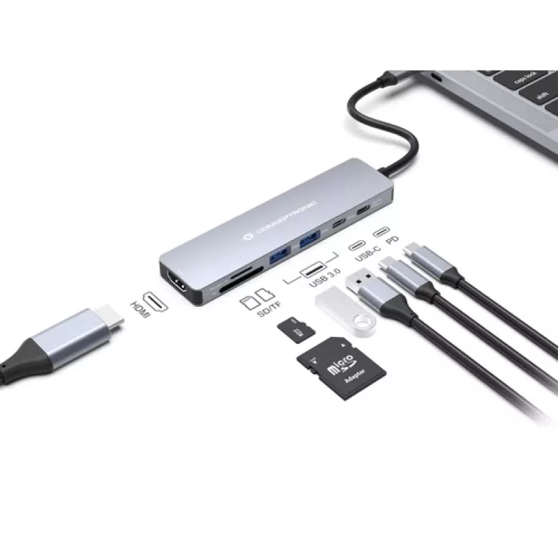CONCEPTRONIC Docking Station USB-C 7 em 1 com HDMI, USB-C PD, 2x USB-A, Leitor de Cartões SD e MicroSD, Cabo de 25 cm, Space Grey