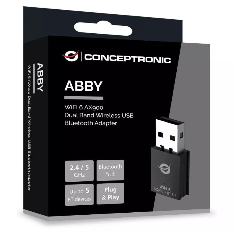 Adaptador Conceptronic ABBY26B WiFi 6 AX900 Dual-Band USB e Bluetooth 5.3