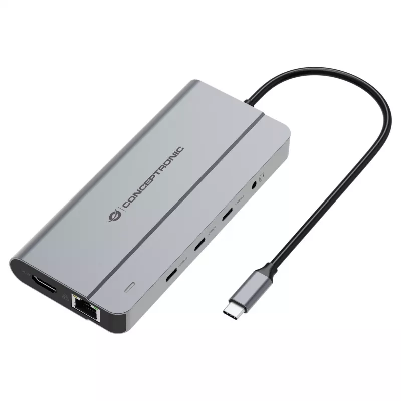 Docking station Conceptronic DONN34G 10 em 1 USB 3.2 Gen 2 MST, 4K60Hz HDMI, 8K30Hz DisplayPort, GbE, USB-C 10Gbps x 3, USB-A 480Mbps x 2, áudio, 100W USB PD